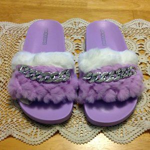 House Slippers, cute purple and white with bling chain